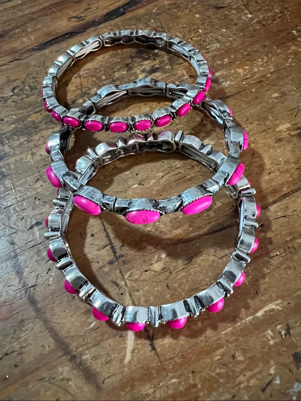 Silver-Tone Bracelet Set with Hot Pink Cabochons